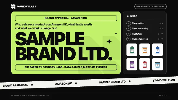 Example appraisal, page 1: the cover for a made-up brand, Sample Brand Ltd